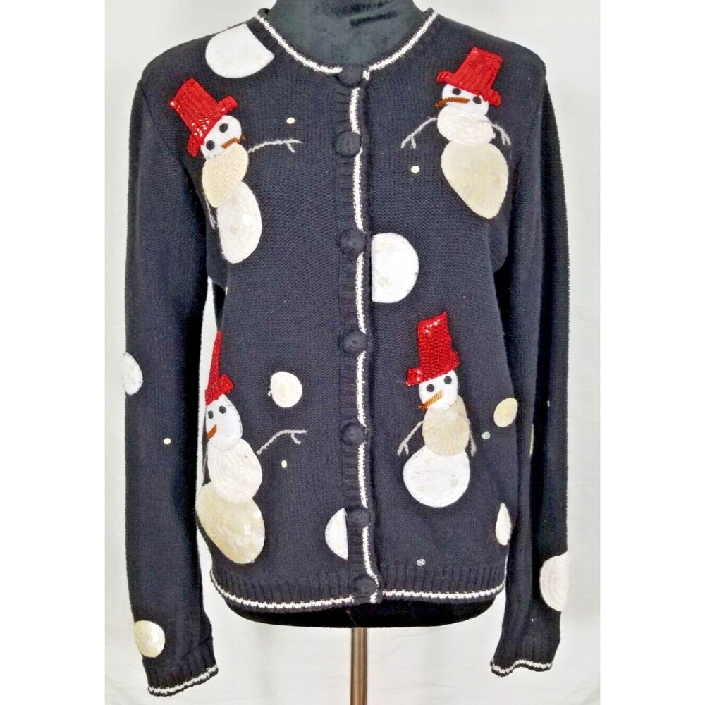 Karen Scott Sport Sequin Ugly Christmas Sweater Button Snowman Petite Small